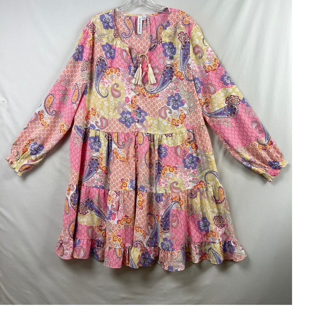 Grace + Karma Babydoll Dress Womens XL Pink Paisley Patchwork Tiered Boho Mini